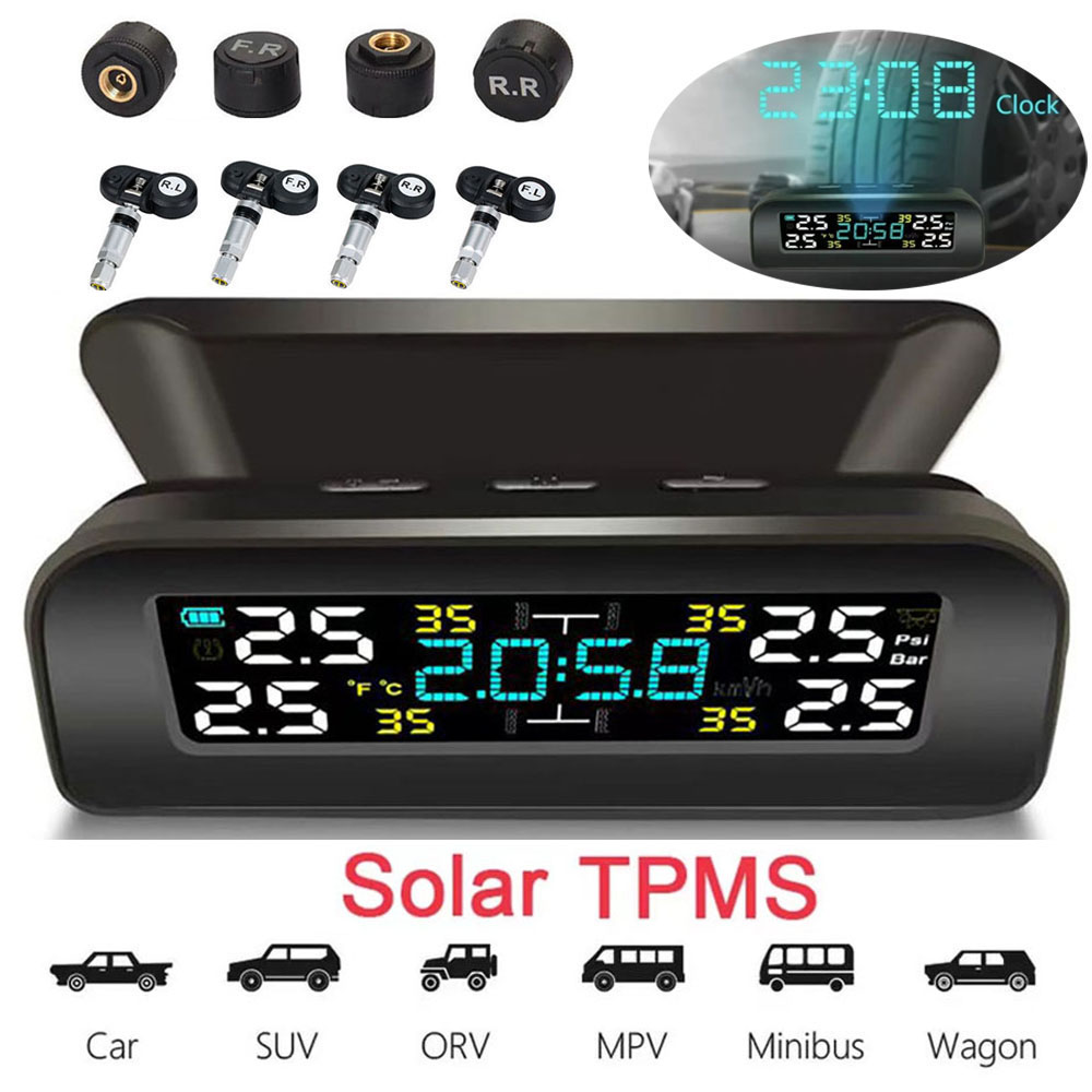 太陽光発電 TPMS 車のタイヤ空気圧監視システムアラームタイヤ空気圧計ゲージ温度警告 4 センサー
