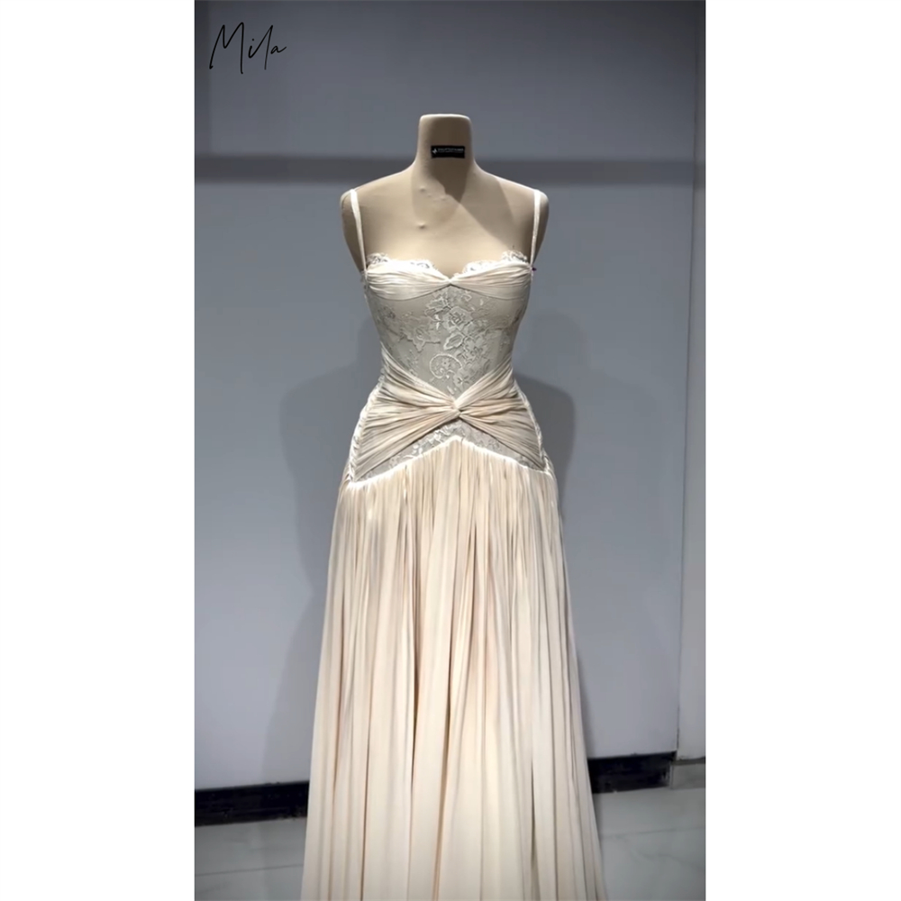 ミラ カスタマイズされたホワイト プリーツ A ライン レース プロム ドレス スパゲッティ ストラップ ノースリーブ Vestidos De Noche マキシレングス フォーマル イブニング ドレス