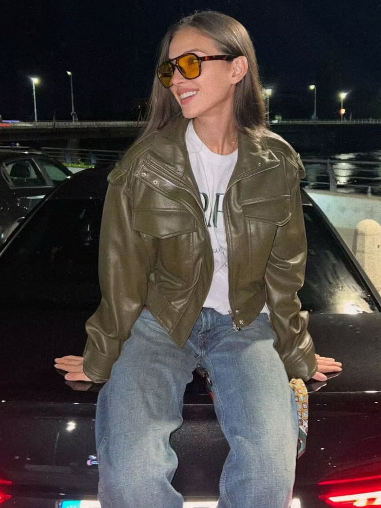 HH ファッション春の女性のフェイクレザークロップドジャケット 2026 ヴィンテージターンダウン襟長袖ジッパーボンバーコートストリート