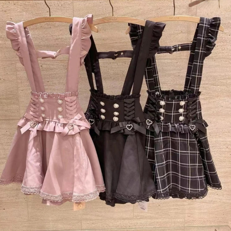 日本ゴシックロリータリボンショートサスペンダーチェック柄スカート女の子甘いかわいいレース A ラインミニスカート Summer2026 黒固体かわいい