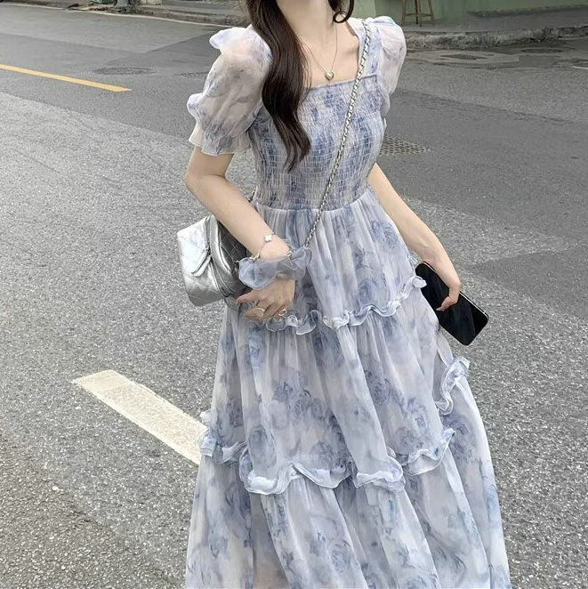 女性ドレス 2026 気質スーパー妖精ウエスト絞りスクエアネックパフスリーブ花柄ロングドレス婦人服 Vestidoes