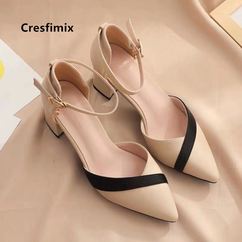 Cresfimix 女性クラシックベージュスクエアヒールシューズパーティーレディースクラシックブラック Pu レザーナイトクラブパンプス Sapato Feminino C5762