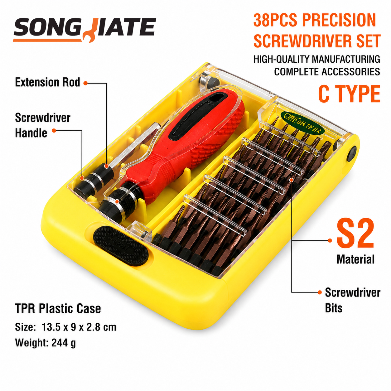 SONGJIATE 38 in 1 精密ドライバーセット磁気ビットハンドルキット S2 スチールトルクススロット修復ツールキット電話ラップトップ iPad 用