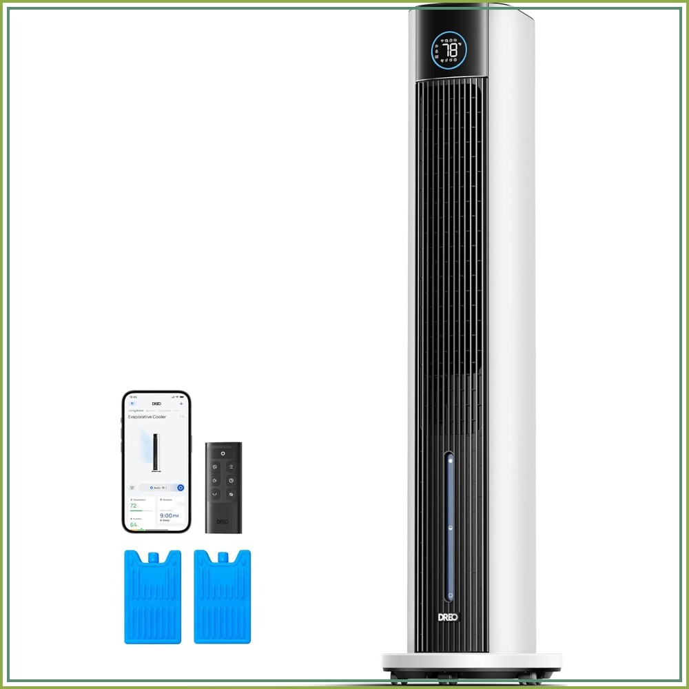 43" Evaporative Air Swamp Cooler, 80° Oscillating Floor Fan, APP Control, 4 Speeds & Modes, 12H Timer, Ice Packs
