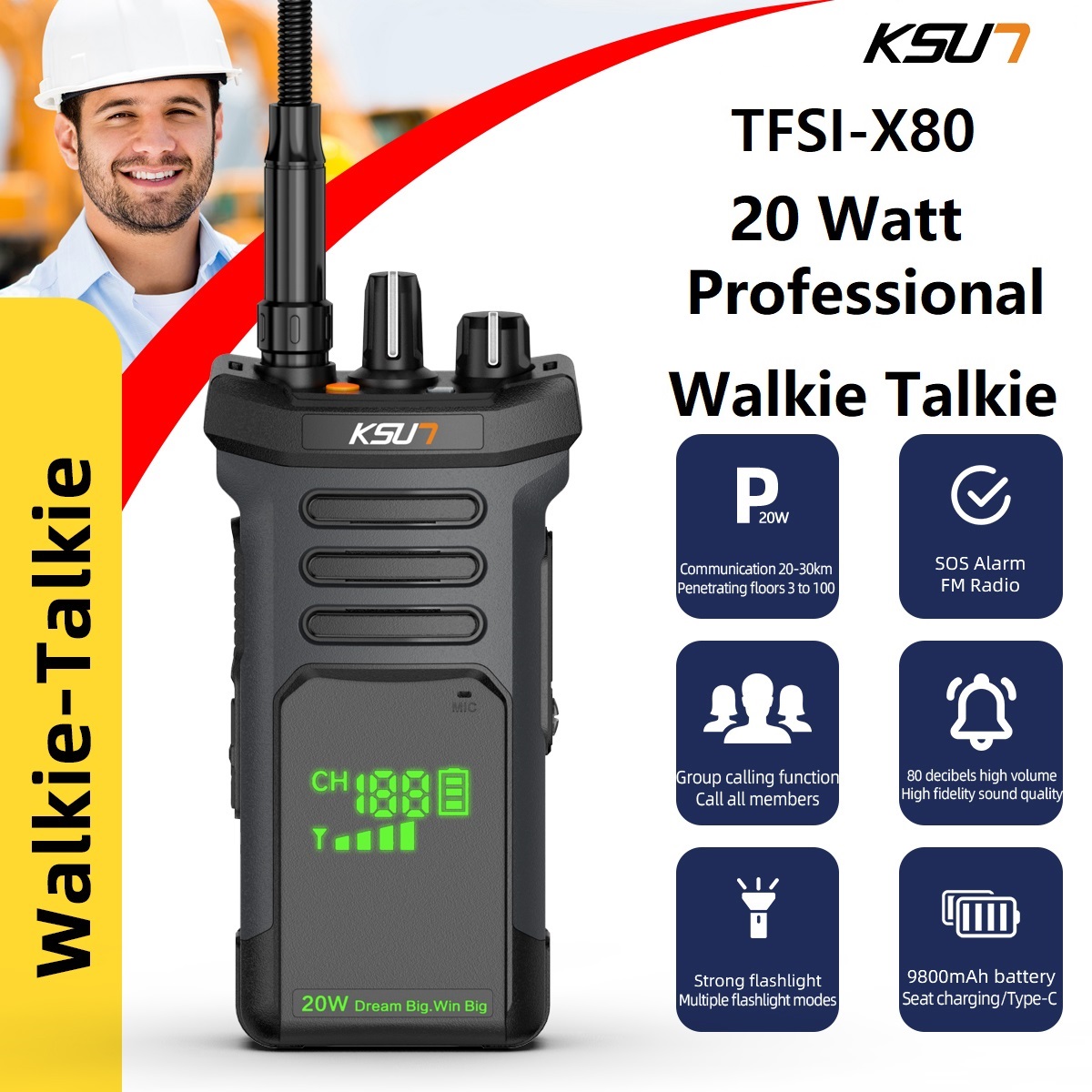 KSUT-X80 20 Watt Walkie Talkie Long Range Powerful Professional Walkie Talkie For Tunnel Engineering Portable Transceiver