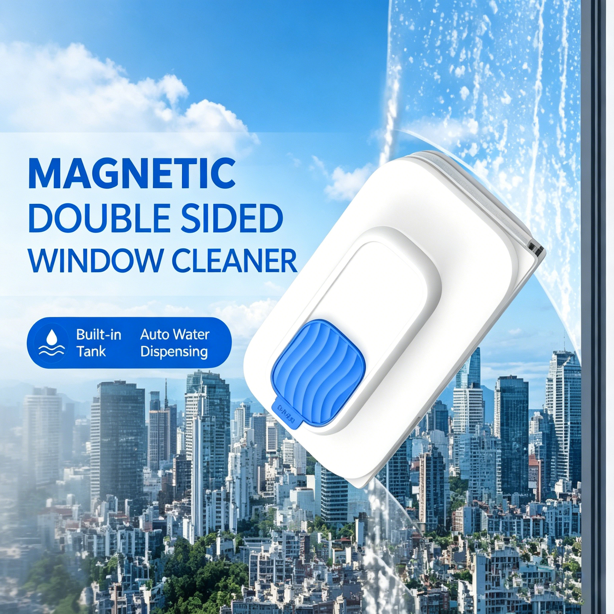 Magnetic Double Sided Window Cleaner Built-in Water Tank Auto Water Dispensing High Rise Interior Exterior Window Cleaning Tool