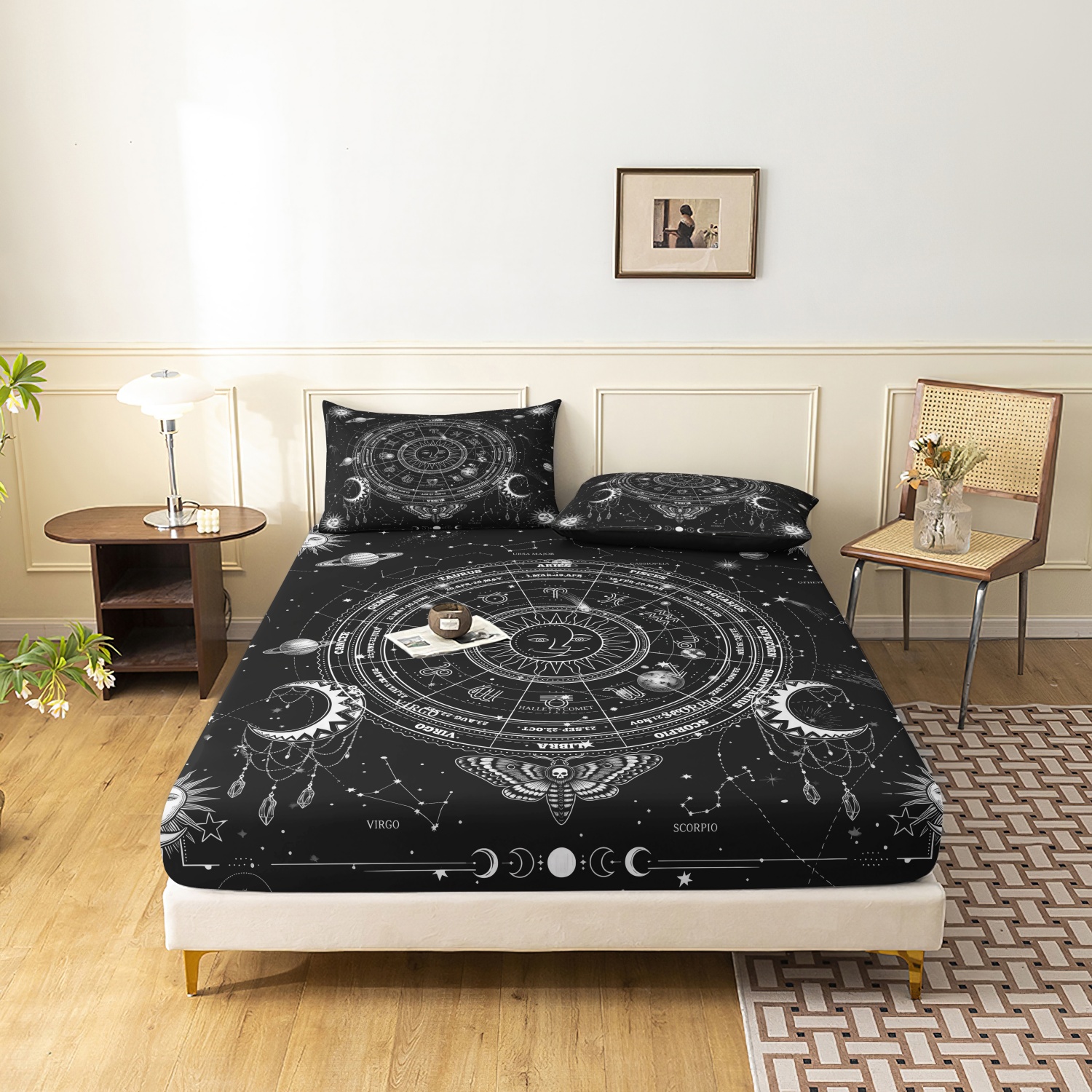 天の星座日月フィットシーツ3点セット、ブラックホワイトプラネットスター蛾プリント寝具、ゴシック装飾寝具