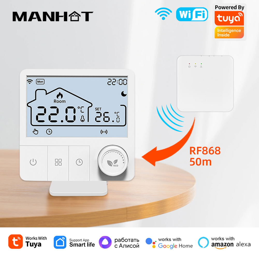 MANHOT ワイヤレス WiFi RF868 サーモスタット温度コントローラー水/電気床暖房ガスボイラー Alexa Google ホーム用