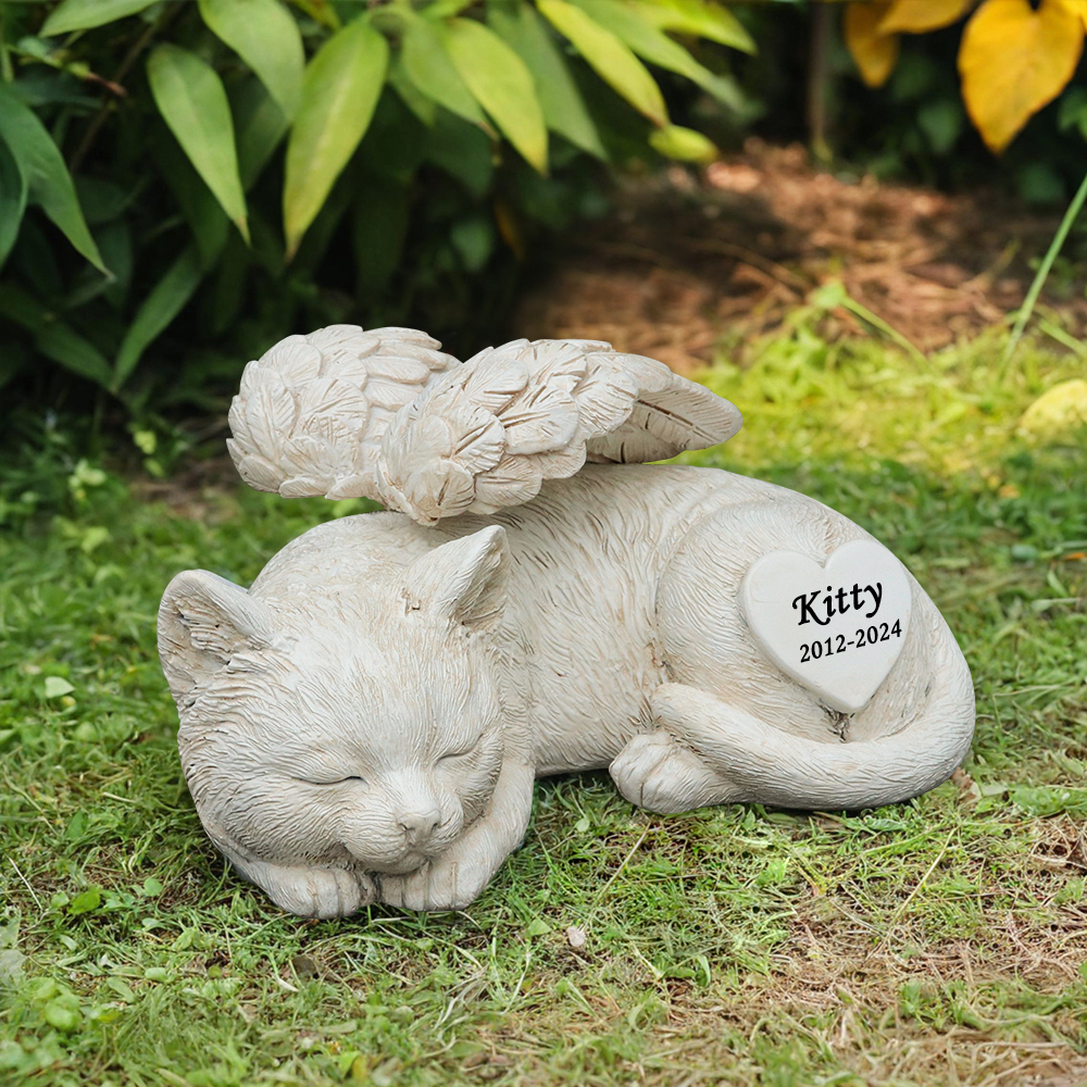 パーソナライズされた睡眠猫の庭の像、猫の天使ペット記念墓マーカートリビュート像、猫用の墓石