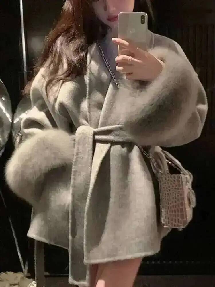 UCXQ エレガントな OL オフィスレディオーバーコート毛皮パッチワーク長袖ウールコート美しい婦人服ジャケット秋 2025 冬