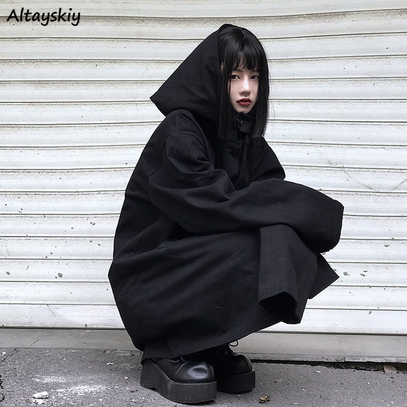 ロングトレンチ女性秋シングルブレストフード付き新韓国スタイルルーズオールマッチカジュアルファッション原宿美的居心地の良い生き抜く