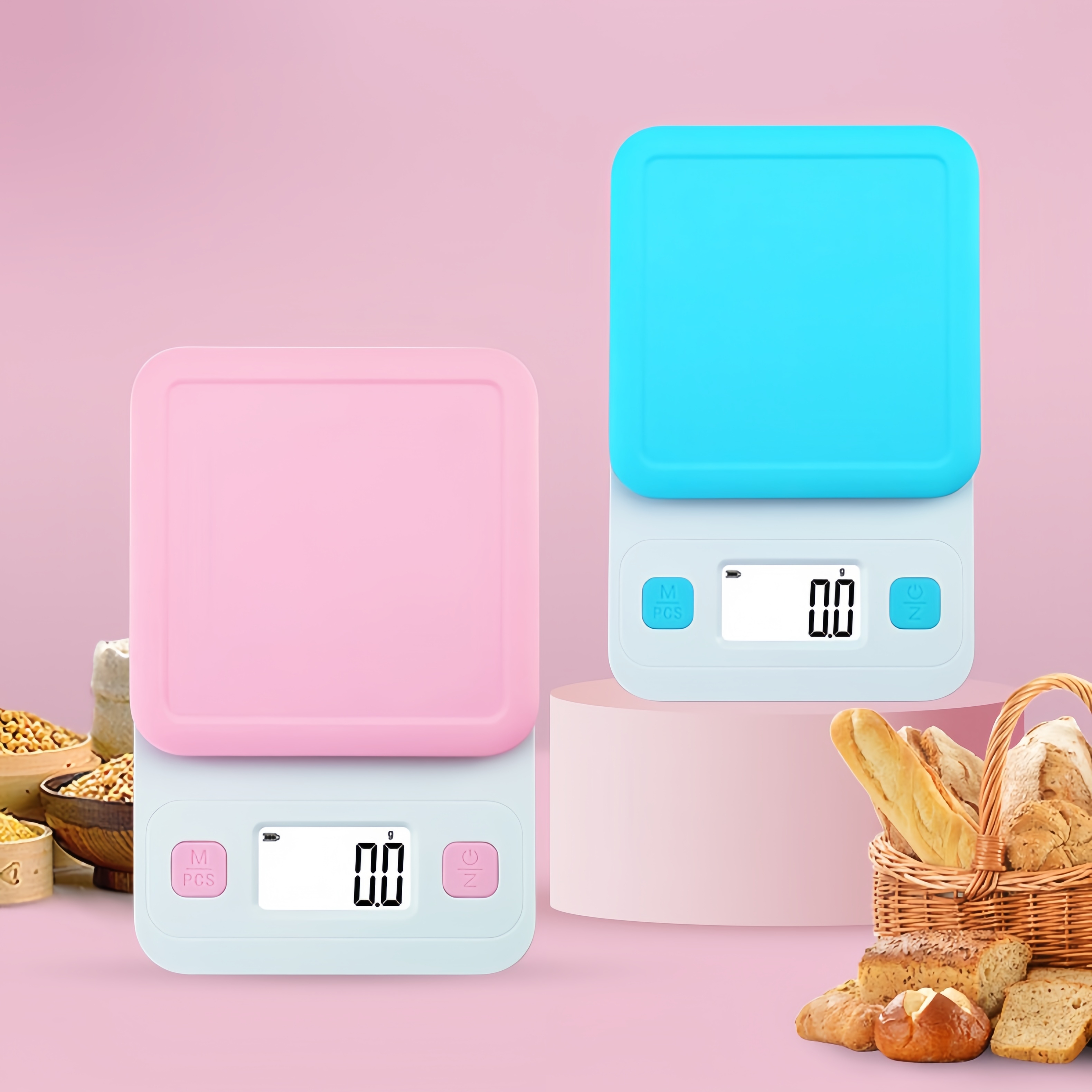 かわいいスタイルのキッチンスケール、ピンク/ブルーオプション、ベーキング、ケーキ、食品計量用のポータブル家庭用食品スケール、HD表示画面
