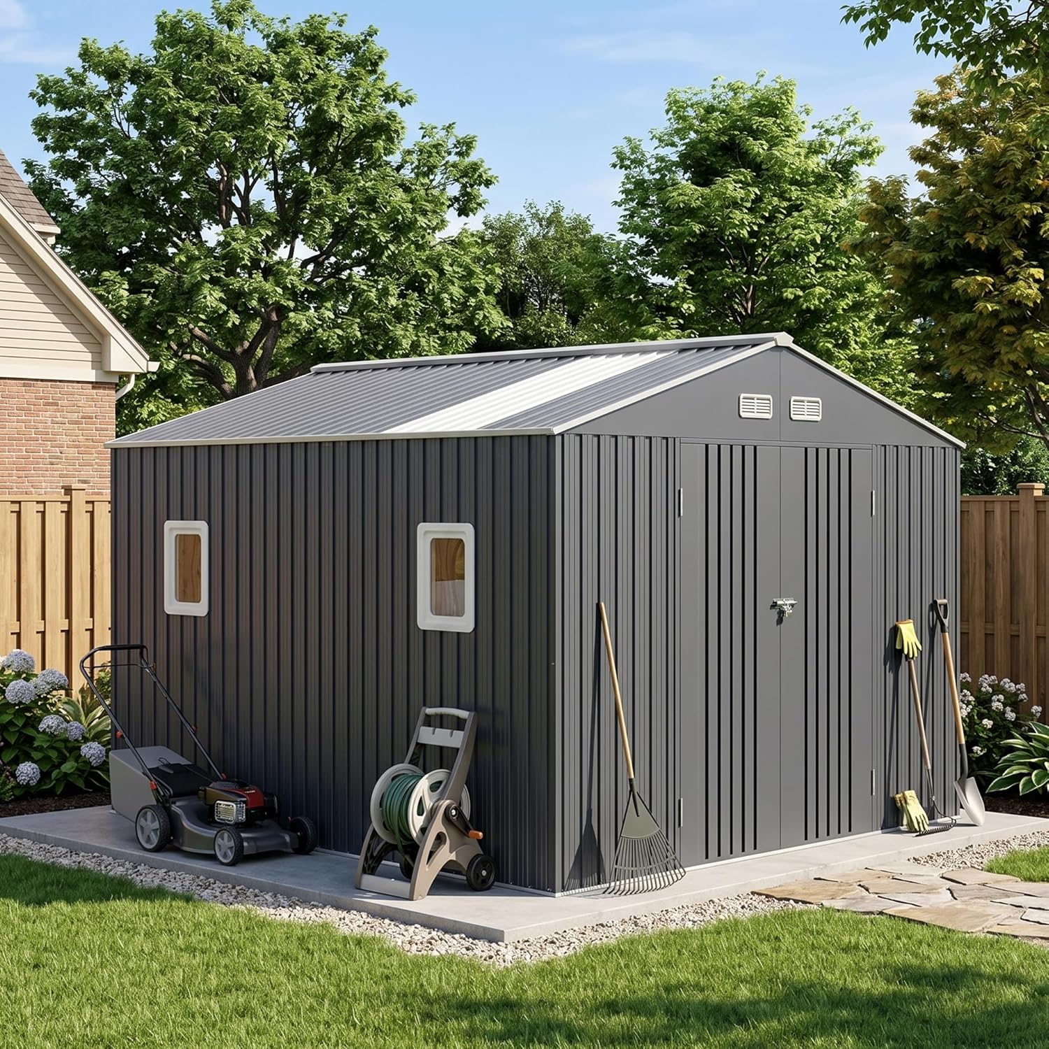 屋外物置小屋 10x10 フィート 床フレーム付き 強化金属製小屋 透明屋根、通気口付き