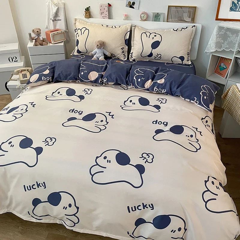 かわいいクジラプリントベッドセット花布団カバー枕カバー寝具セットかわいい犬ベッドリネンシートキルトカバーフルクイーンキングサイズ