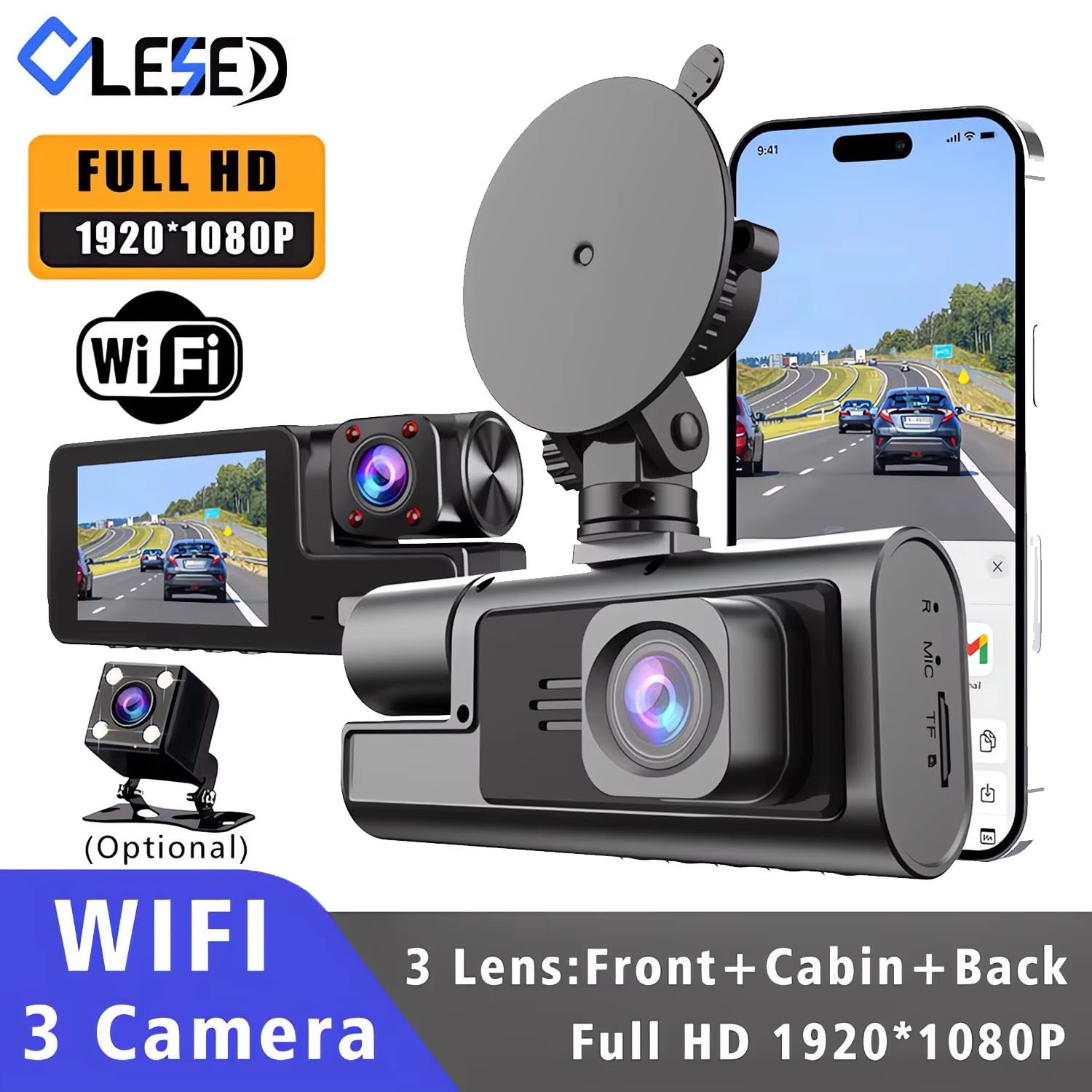 Wifi 3 カメラ車 DVR FHD1080P 3 チャンネルレンズ車内ダッシュカムスリーウェイ DVR レコーダービデオ登録器ダッシュカム Camco