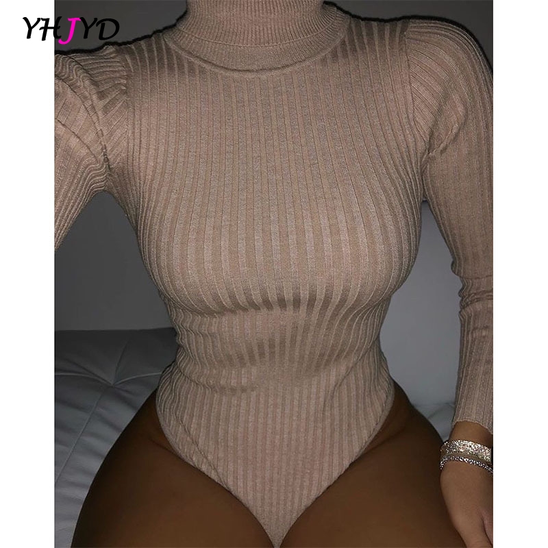 長袖女性のタートルネックボディスーツリブニットスキニーボディスーツトップ女性の秋冬の服装