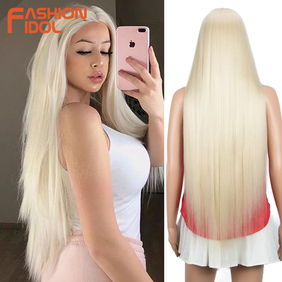 ファッションアイドル 38 インチロングストレートレースフロントウィッグ合成コスプレウィッグ女性のためのオンブルブロンドナチュラルバイオヘアレースウィッグ