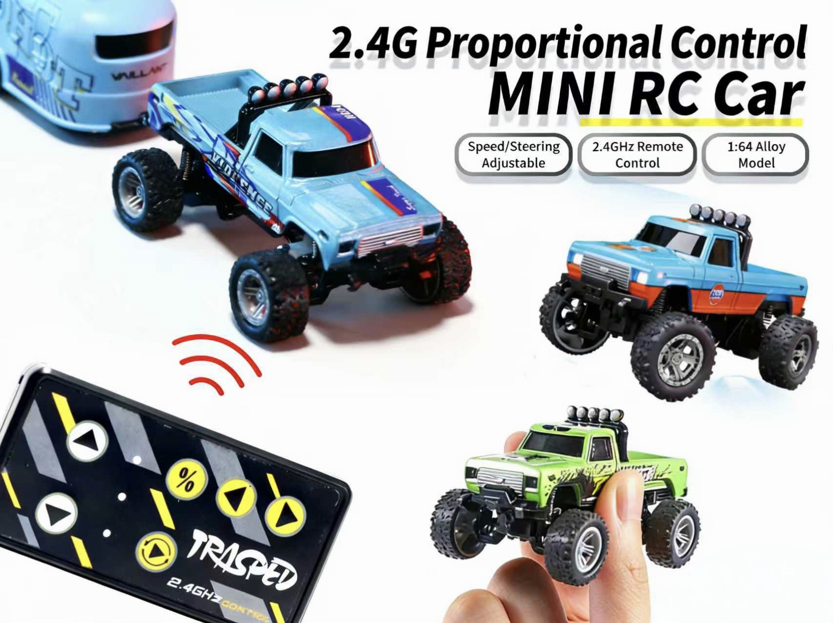 ミニ RC カー、1/64 スケール ミニ リモート コントロール モンスター トラック トレーラー付き、2.4Ghz