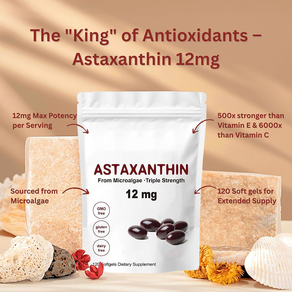 トリプル強度のアスタキサンチン 12mg - 天然アスタキサンチン抗酸化サプリメント、非遺伝子組み換え認証済み