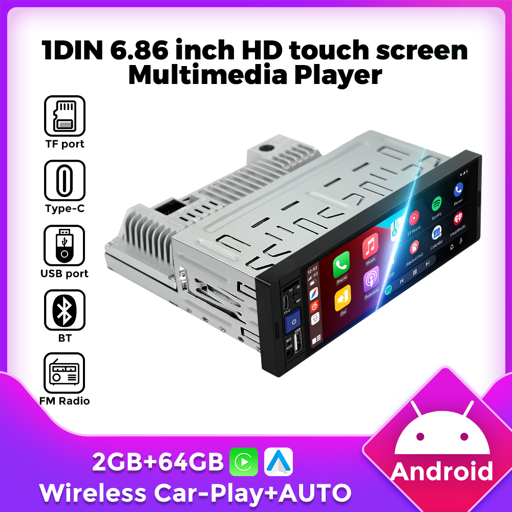 1Din 6.86 インチタッチスクリーンマルチメディアビデオプレーヤー Carplay Android 自動ユニバーサルカーラジオ FM ステレオ BT カメラ USB AUX TF ポート