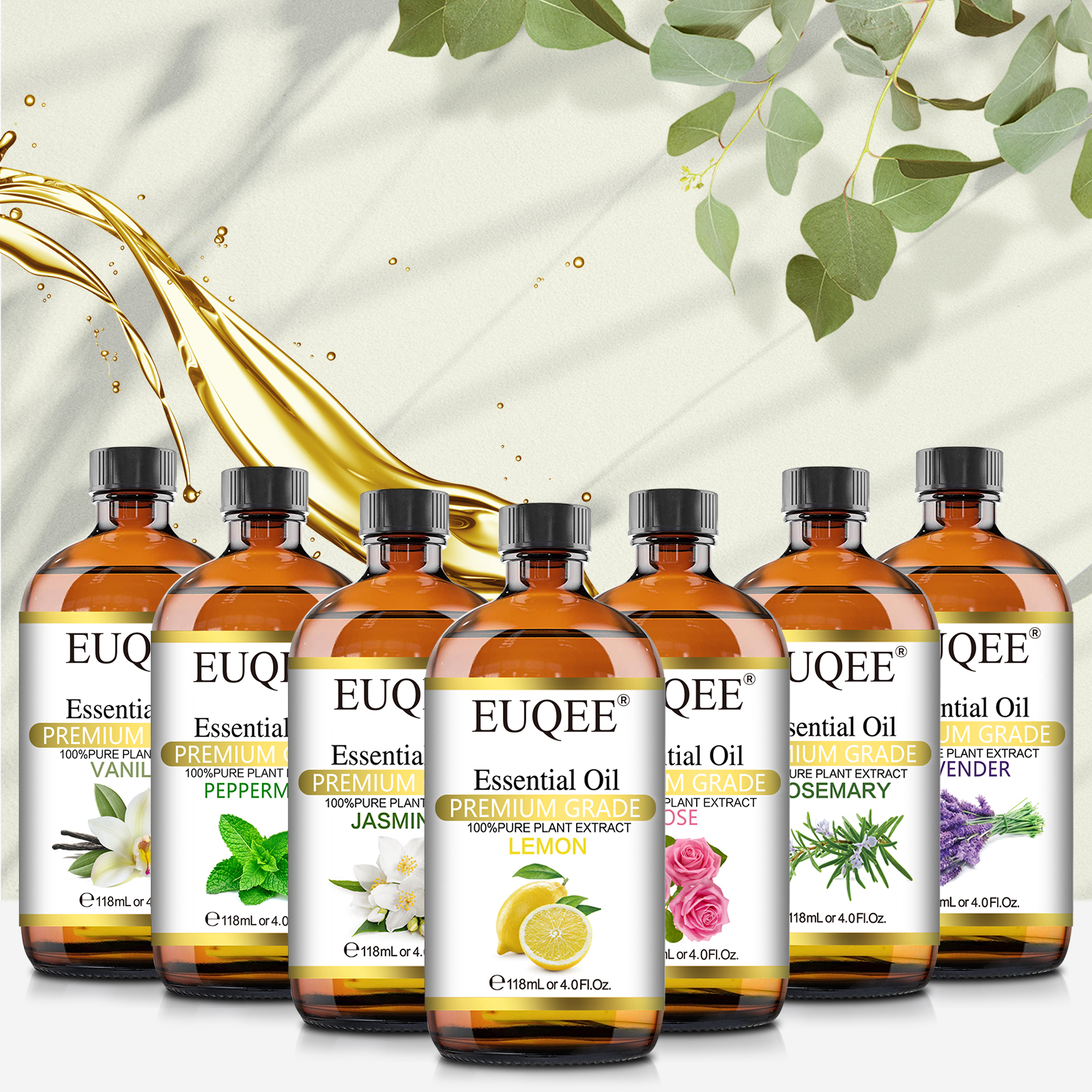 EUQEE 118ML ラベンダー ジャスミン ユーカリ バニラ ペパーミント エッセンシャル オイル ガラススポイト付き | アロマセラピー、加湿器、DIY 石鹸
