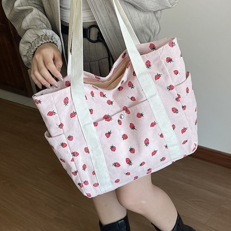 ファッションコーデュロイショルダーバッグ、女性用、かわいいプリントハンドバッグ、カジュアル通勤