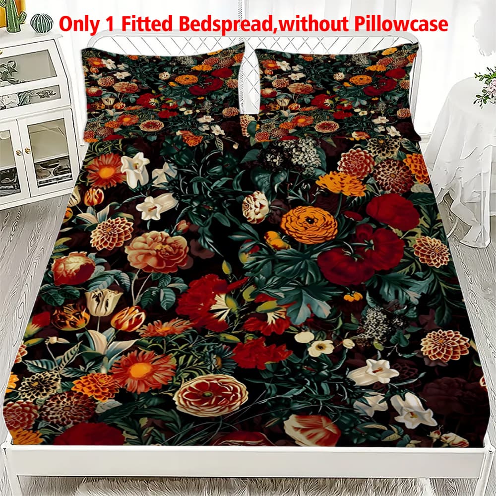 1pc Black Background Vibrant Floral Print Fitted Sheet Deep Pocket Elastic Mattress Cover Single Double Queen King Bedroom Decor