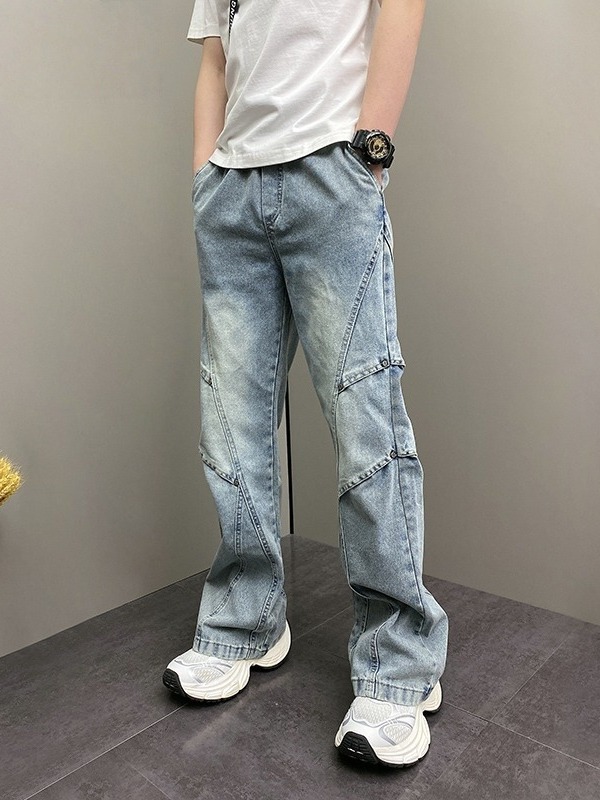 春デザインストレートレッグメンズジーンズカジュアル多用途ルーズワイドレッグパンツクラシックウォッシュデニムパンツ男性用