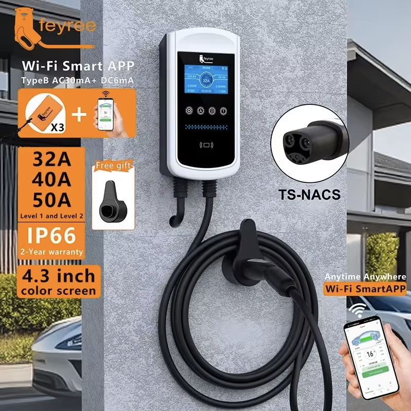feyree EV 充電ステーション 32A 7KW TS-NACS 充電器プラグ テスラ車の充電器 EVSE ウォールボックス 9.6KW 12KW 急速充電 APP 制御