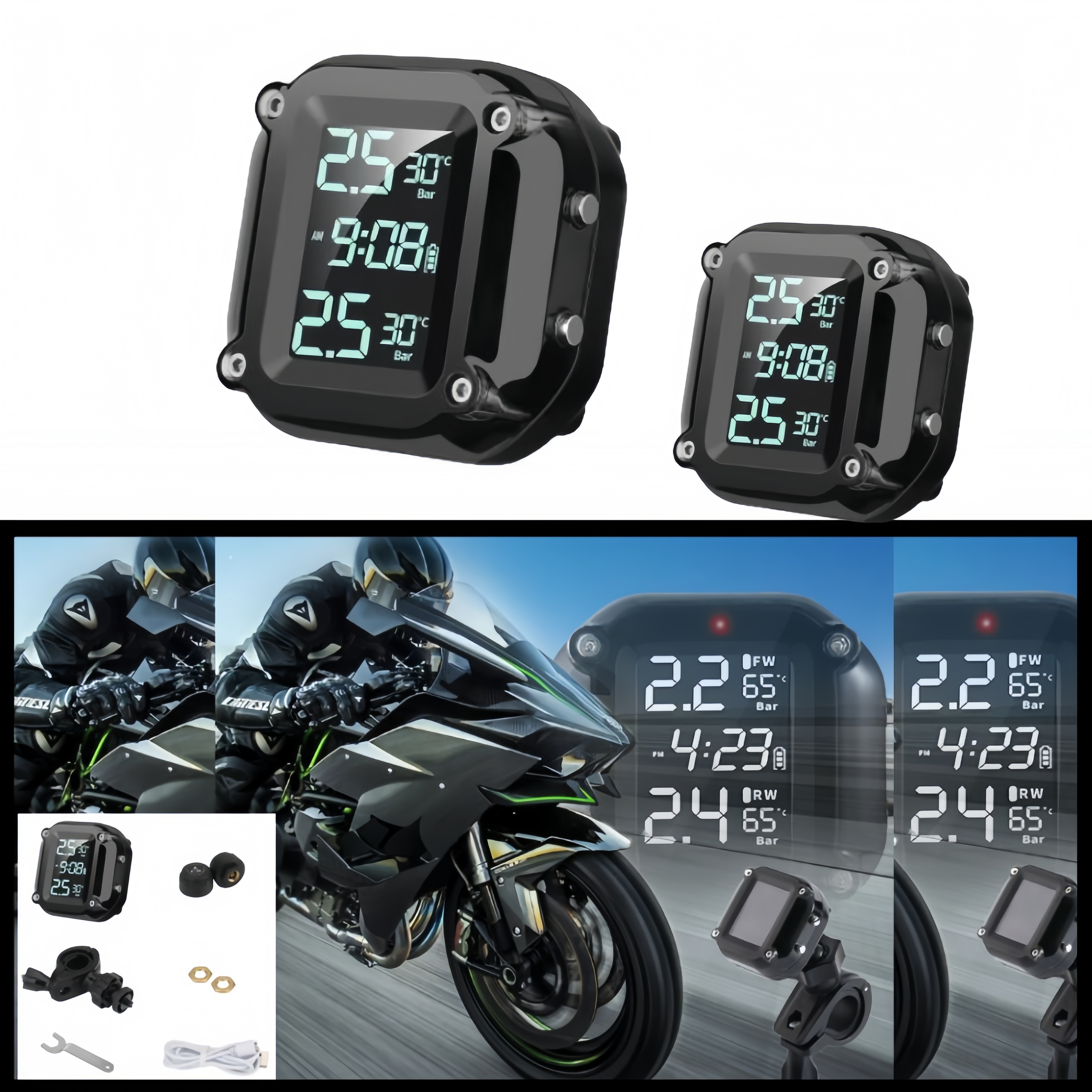 オートバイワイヤレス TPMS リアルタイムアラート防水 LCD ディスプレイ外部センサータイヤ空気圧温度監視システム