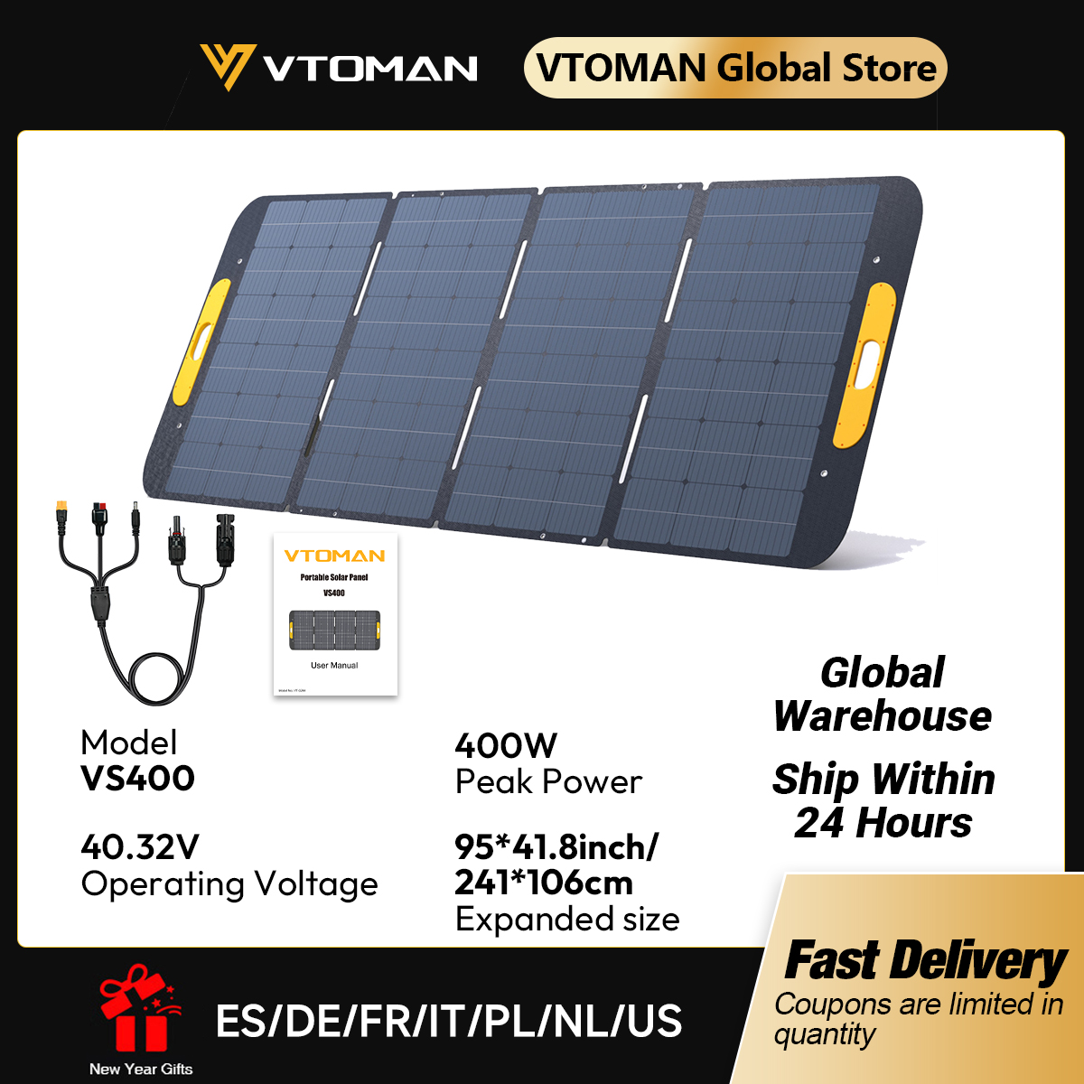 VTOMAN VS400W 折りたたみソーラーパネル 40.32V 高効率ポータブルソーラー充電器屋外発電所用