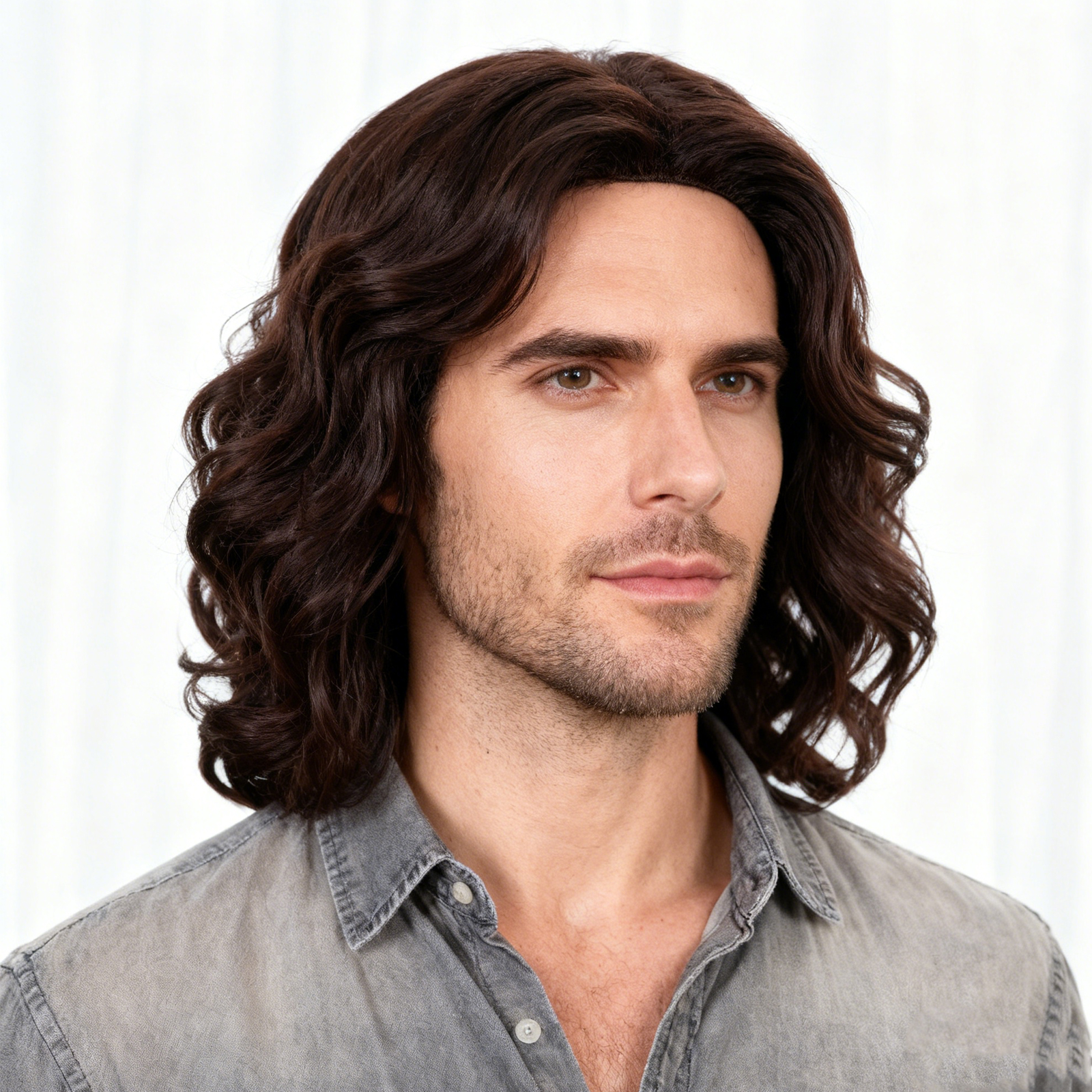ロングカーリー波状ブラウンウィッグ男性用合成ナチュラルパーティーハロウィンコスプレヘアウィッグ