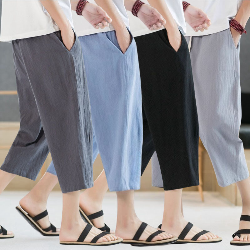 2025 新しい夏の男性カジュアルパンツアイスシルク薄い無地クロップドパンツファッションヒップホップストリートスウェットパンツ男性緩いズボン