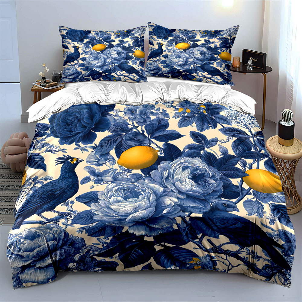 3pcs Blue floral with lemon birds Duvet Cover Set with 3D Printing Design Soft Polyester Bedding Set All-Season Comfort