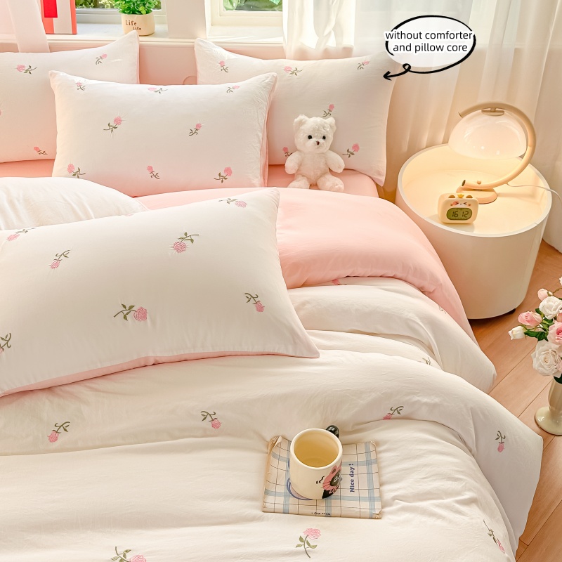 3 Piece Sheet Set  pink Rose embroidery duvet cover Set ， comfortable Bedding Set Bedspread for All Season