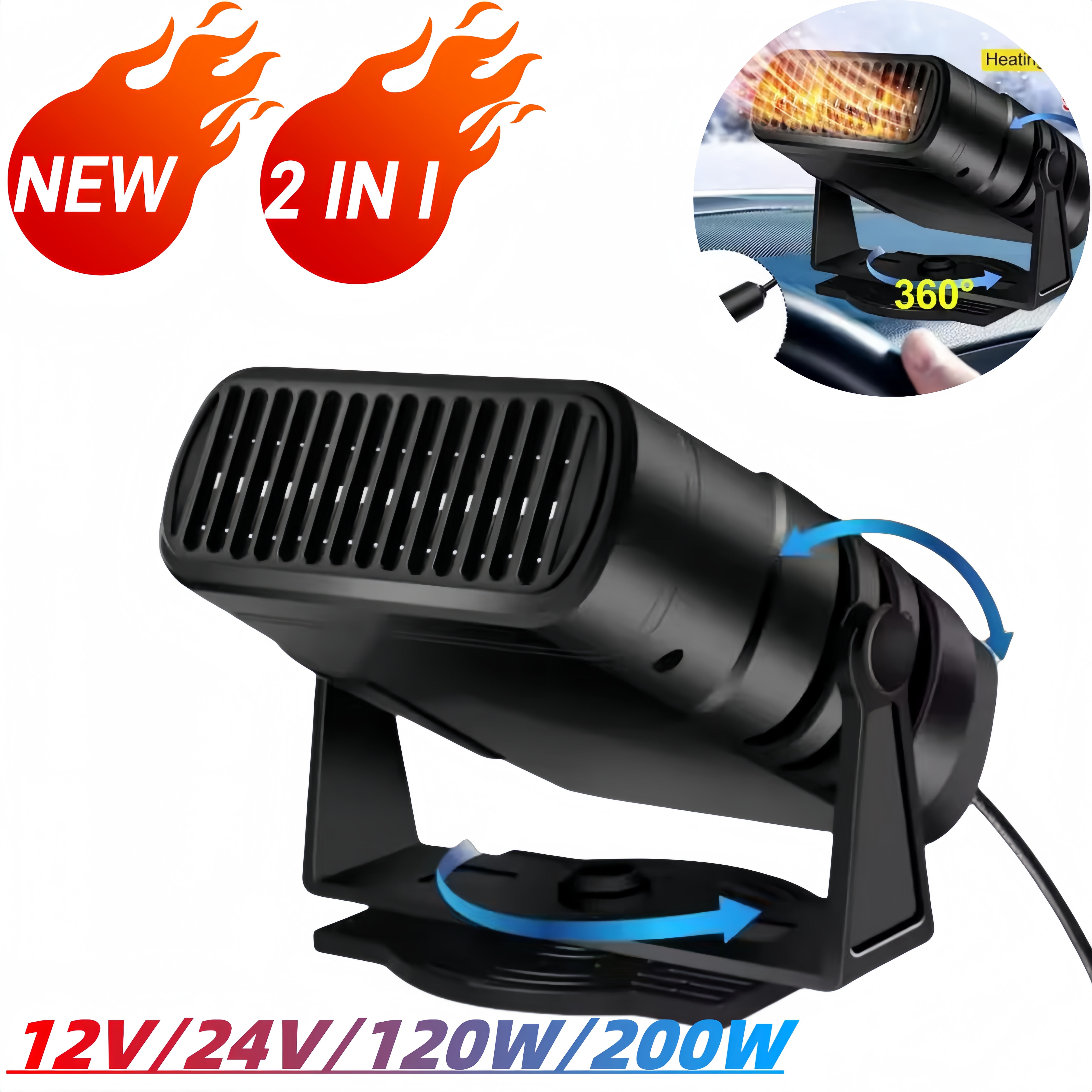 デュアルモードポータブル 12V 24V カーヒーター高速加熱フロントガラスデフロスターデミスター防曇乾燥機ドライヤー 360 ° 調整可能な自動ファン