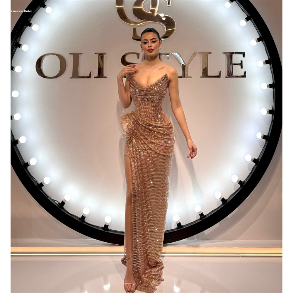 Contessa Dubai カスタマイズサイドハイスリット プリーツ マーメイド プロムドレス フロアレングス ストラップレス イブニングドレス ノースリーブ パーティードレス