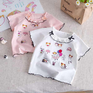New Summer Collection: High-Quality Girls' Short-Sleeve T-Shirts—Sweet and Cute Children's Printed Bow-Detail Round-Neck Lace Tops