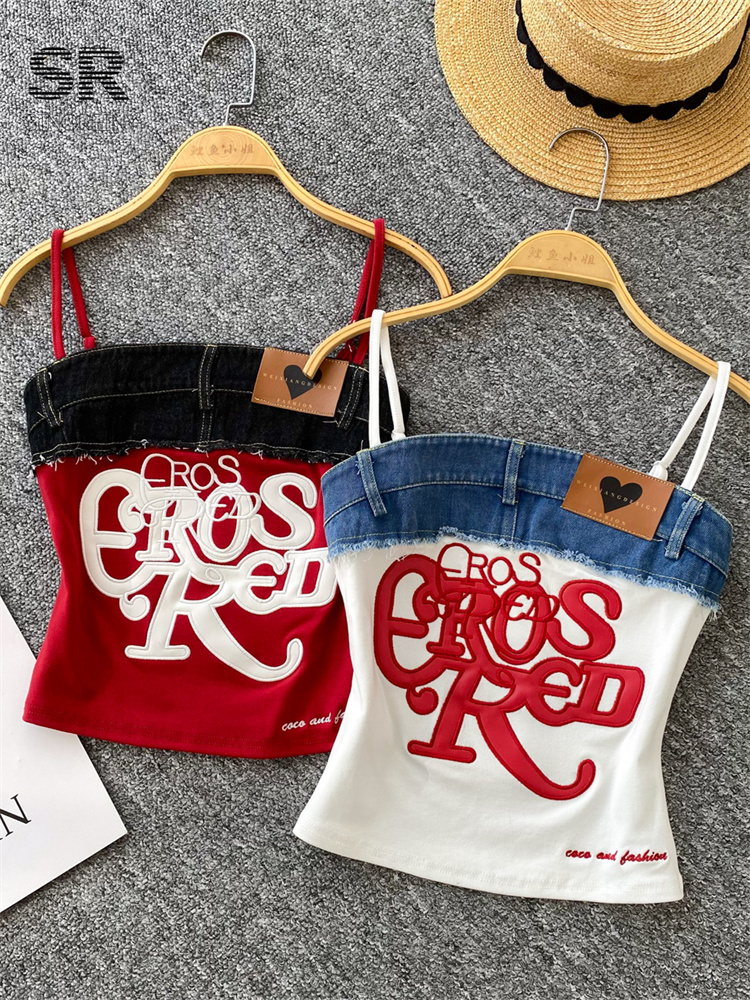 SINGREINY アメリカンレトロ Y2k ストラップトップス手紙刺繍デニムパッチワークファッションデザイン女性 Hotsweet ストリートスリムクロップトップ