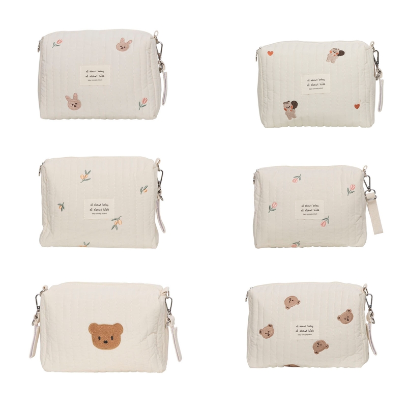クマ刺繍ママバッグジッパー新生児おむつバッグおむつ旅行ベビーカー収納メイク
