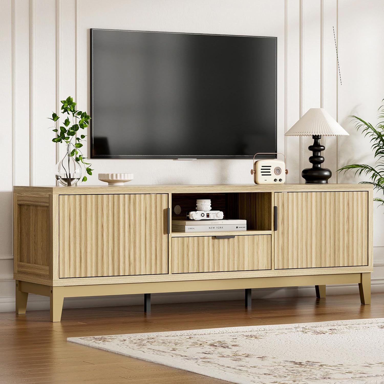 59インチの溝付きテレビスタンド、最大65インチのテレビ用、木製エンターテイメントセンター、収納キャビネット付き、モダンなコンソールテーブル付き、カスタム