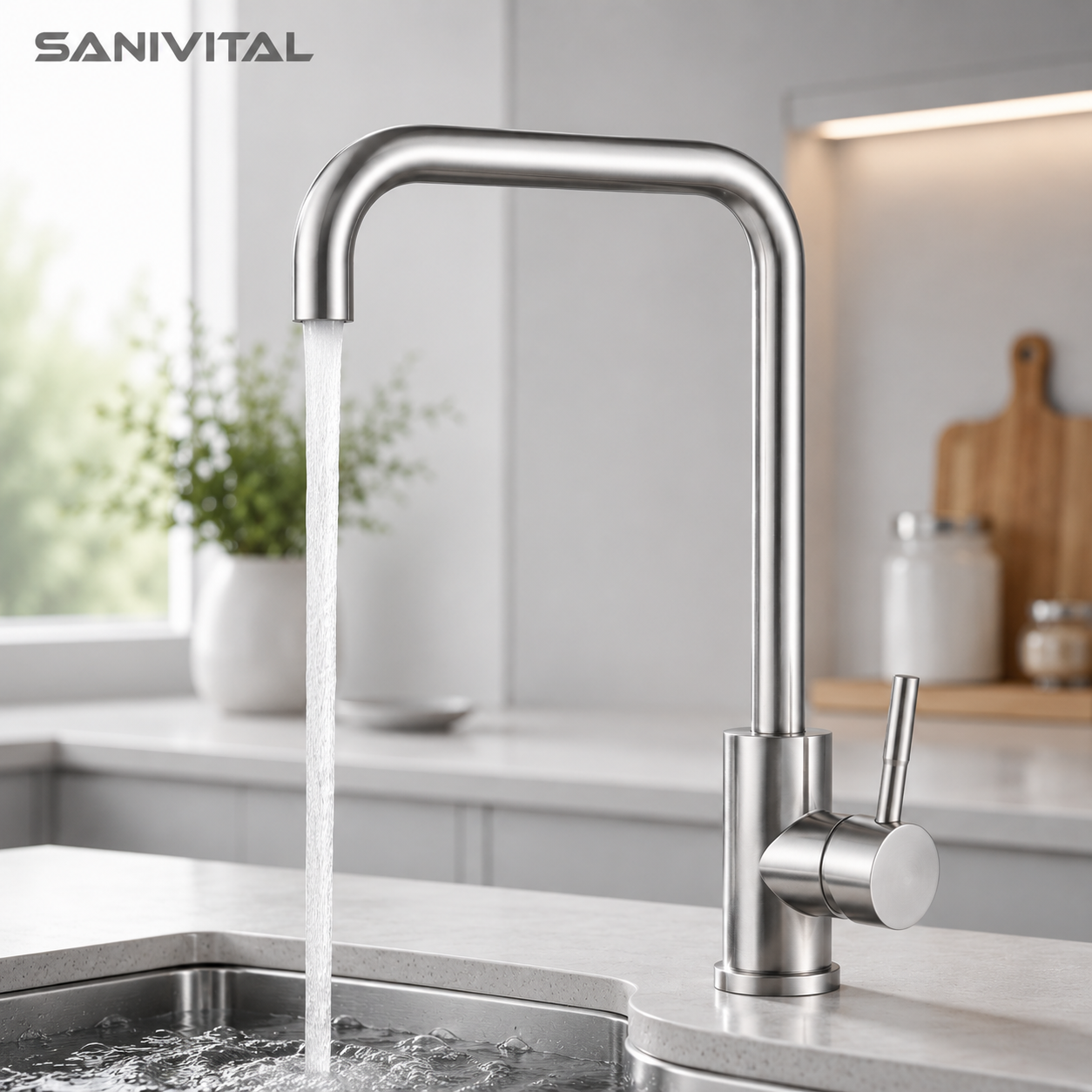 SANIVITAL ブラッシュ 304 ステンレス鋼のキッチンのシンクの蛇口ハイアーク 360 度回転シングルハンドル温水冷水タップ