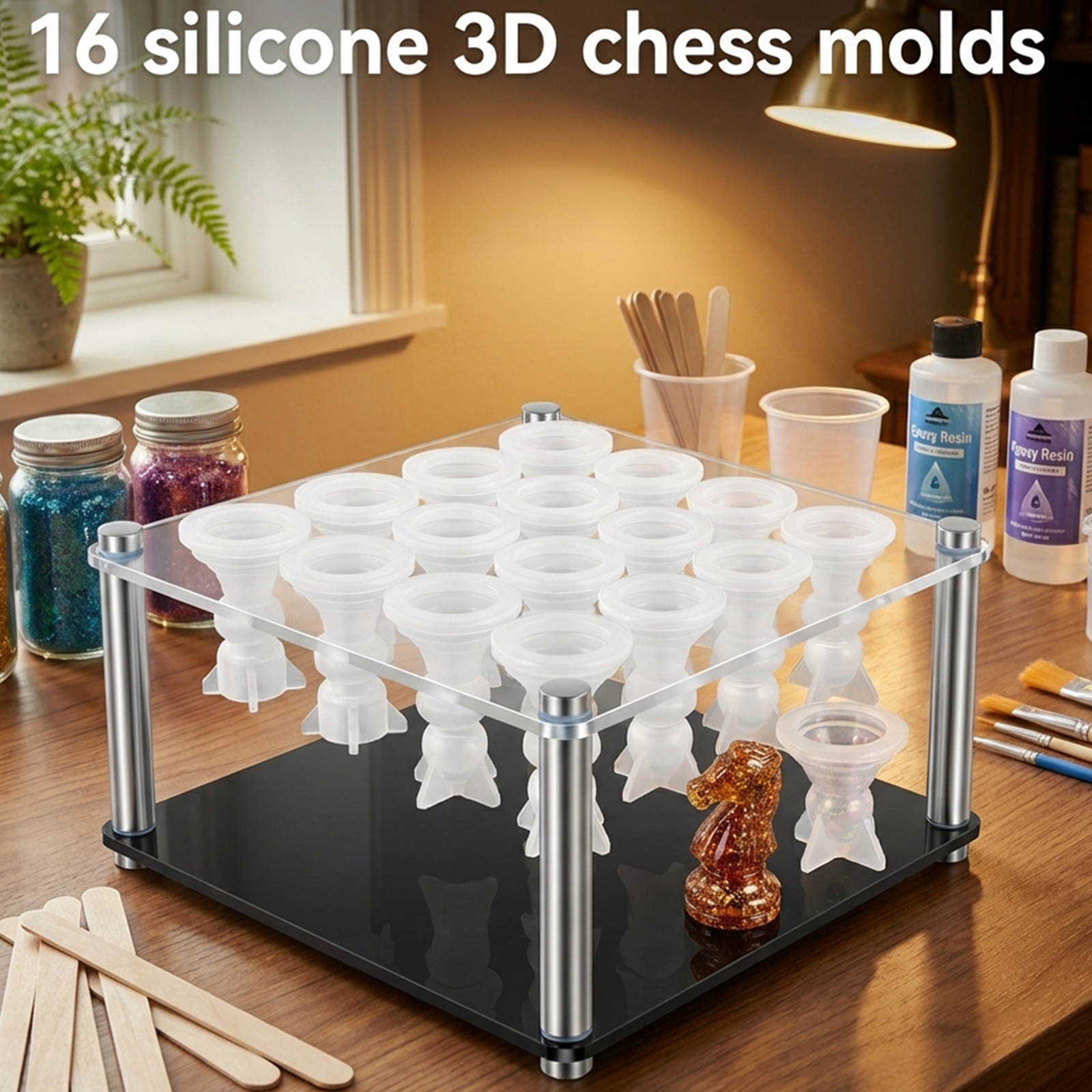 樹脂チェスセットモールド チェス駒ホルダー1個付き 16個の3Dシリコンモールドキット エポキシ樹脂鋳造 DIY ボードゲーム ホームクラフト用