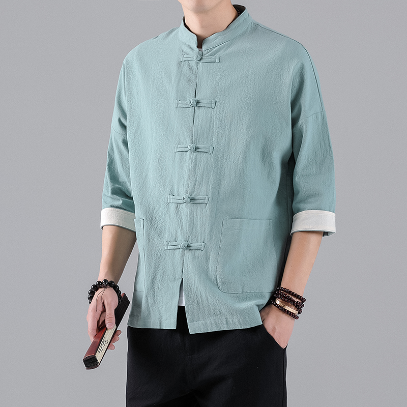 中国風のシャツメンズトップス唐装リネン半袖伝統的なカンフー漢服シャツヴィンテージカジュアル Tシャツプラスサイズ 5XL