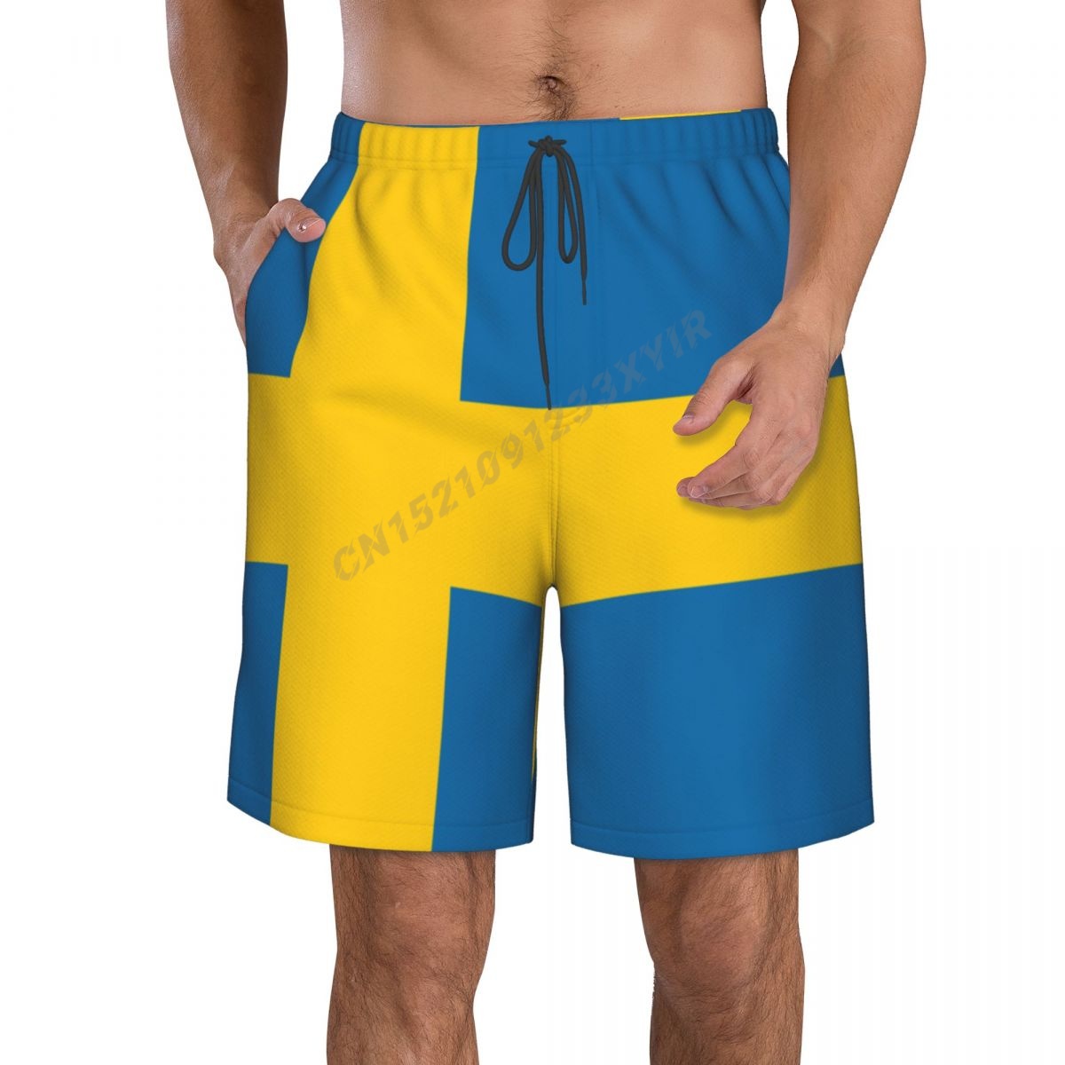 夏メンズスウェーデン国旗ビーチパンツショーツサーフィン M-2XL ポリエステル水着ランニング