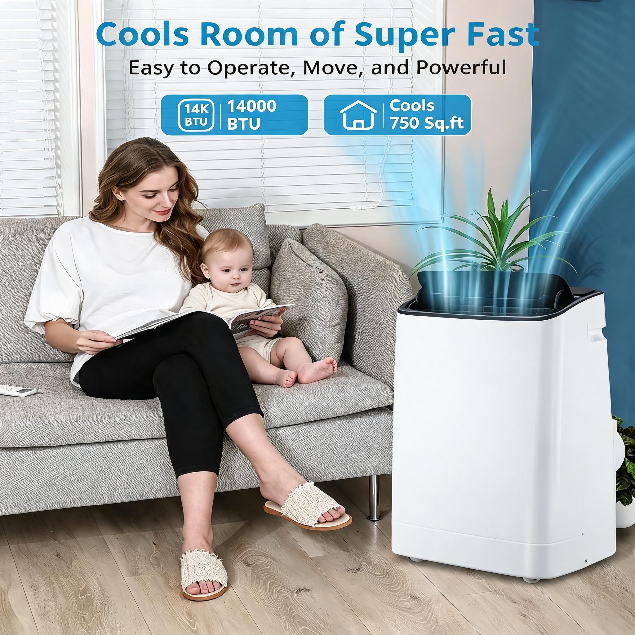 14000 BTU ポータブルエアコン、最大 750 平方フィート冷却、冷却/ドライ/ファンモード、リモコン付きの静かなポータブル AC ユニット、広いリビングルーム、オフィス用の AC ユニット