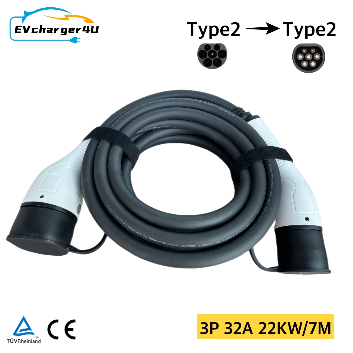 EVcharger4U タイプ 2 からタイプ 2 EV 充電ケーブル 7 メートル 1 相/3 相 32A 7KW/22KW IEC62196 AC ソケットステーション充電器ケーブル EVSE 用