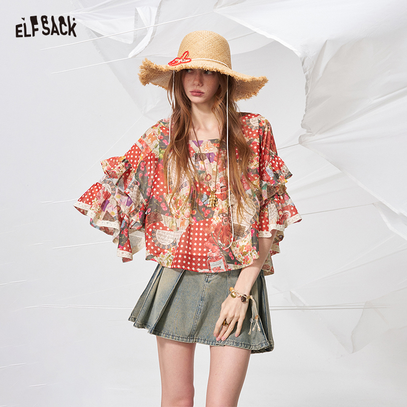 ELFSACK ポルカドット花柄シフォンブラウス、フリルベルスリーブスクエアネックフラウィートップ、ヴィンテージパッチワークサマーシャツ