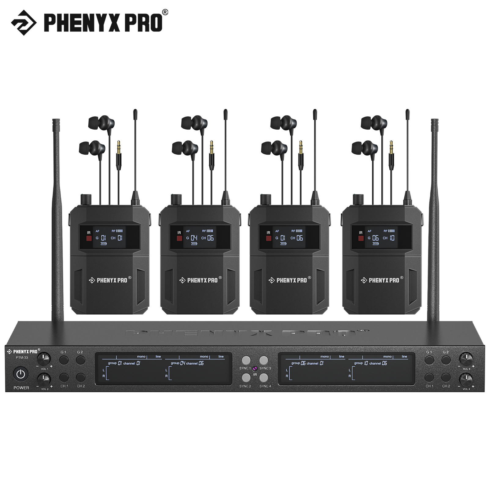 Phenyx Pro PTM-33 ワイヤレス ステージ リターン 4 チャンネル モノラル インイヤー モニター システム ラックマウント付き 教会結婚式用