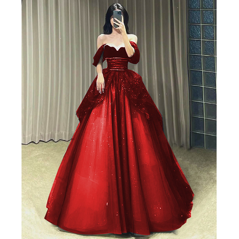 Bomaris オフショルダーロングイブニングパーティードレス A ライン Vestidos デ フェスタグリッターチュールページェントドレスプロムドレスカスタマイズ